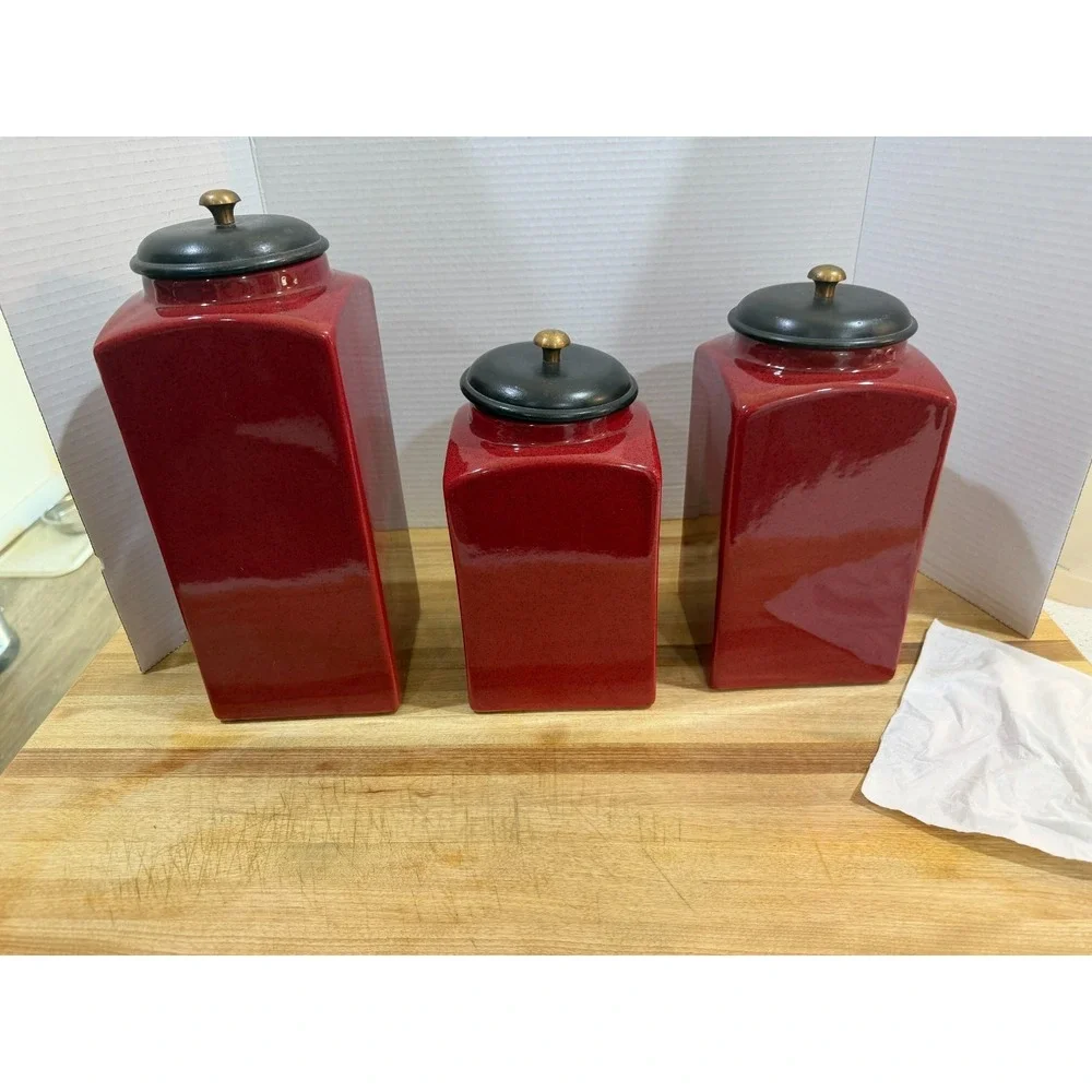 PIER 1 Import Rustic Brick Red 3 Ceramic Canister Jars Set Coffee Tea Sugar